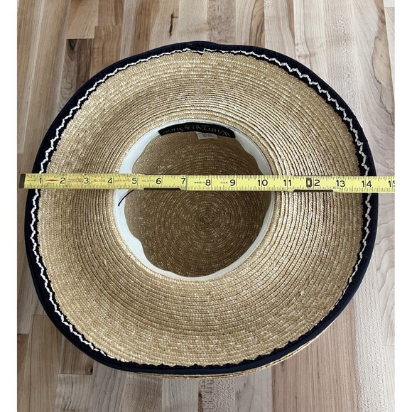Vintage Women\'s Straw Boater Hat Wide Brim Blue White Grosgrain Ribbon Bow main image 7